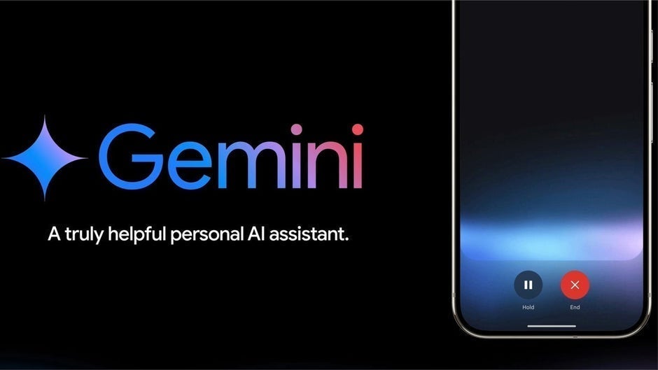 A phone with the Gemini AI app on it on a dark screen.