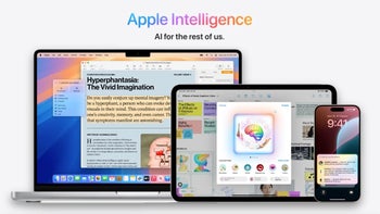 Apple Intelligence features appear on a Mac, iPad, and an iPhone.