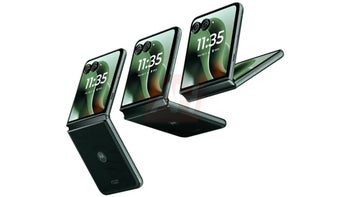 Three Motorola Razr phones in different stages of being unfolded, floating against a white background.