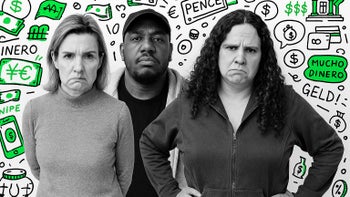 Image of 3 people frowning with text in the background about money