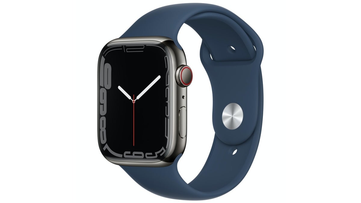 Apple Watch Series 7 with graphite stainless steel case and blue band