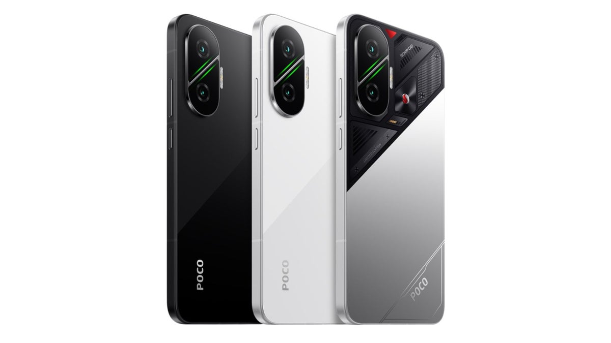 Three Poco F7 phones on a white background.
