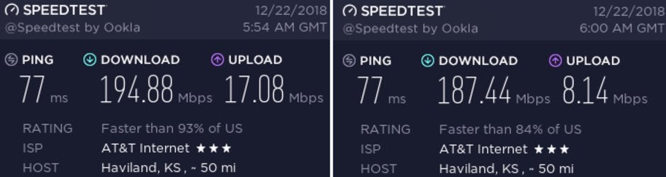 At left, Speedtest result from AT&T's 5G+ service. At right, result from AT&T's LTE-A service - AT&T's mobile 5G service not off to an impressive start
