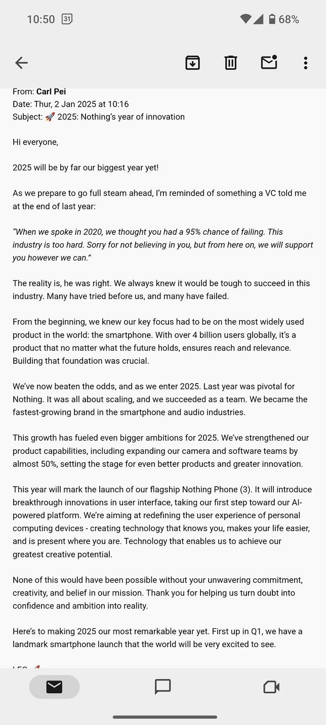 Leaked internal memo from Nothing CEO Carl Pei to employees. | Image credit-Evan Blass - Leaked internal memo reveals that Nothing's first true flagship phone is coming this quarter