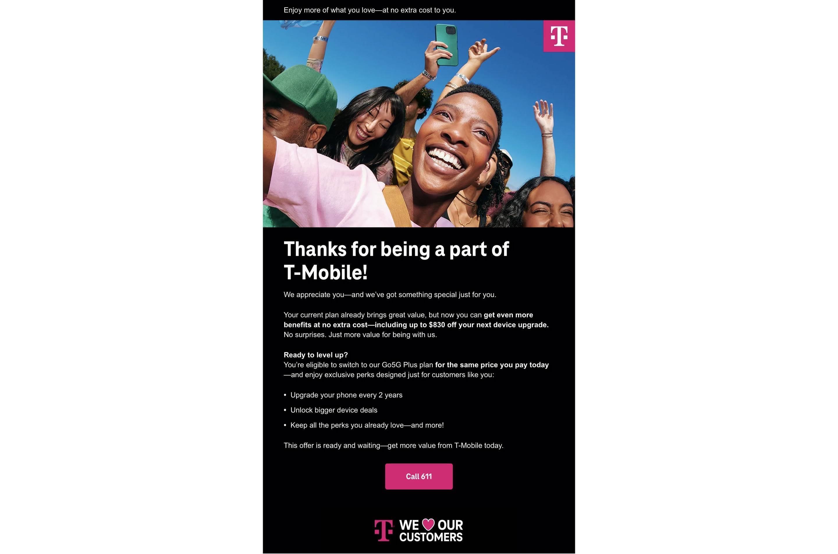 A T-Mobile customer shared an email they received from T-Mobile encouraging them to upgrade their plan. | Image Credit -&amp;nbsp;NoisyChimp - T-Mobile removed Go5G plans from website and is encouraging customers on even older plans to upgrade