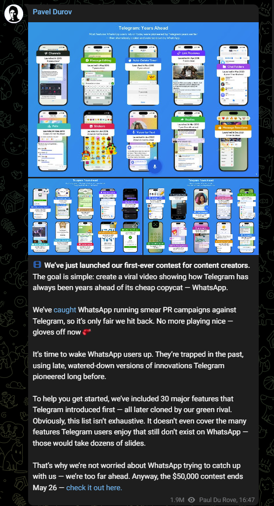 Image source – Telegram - Telegram gives $50,000 for a video that exposes &quot;cheap copycat&quot; WhatsApp