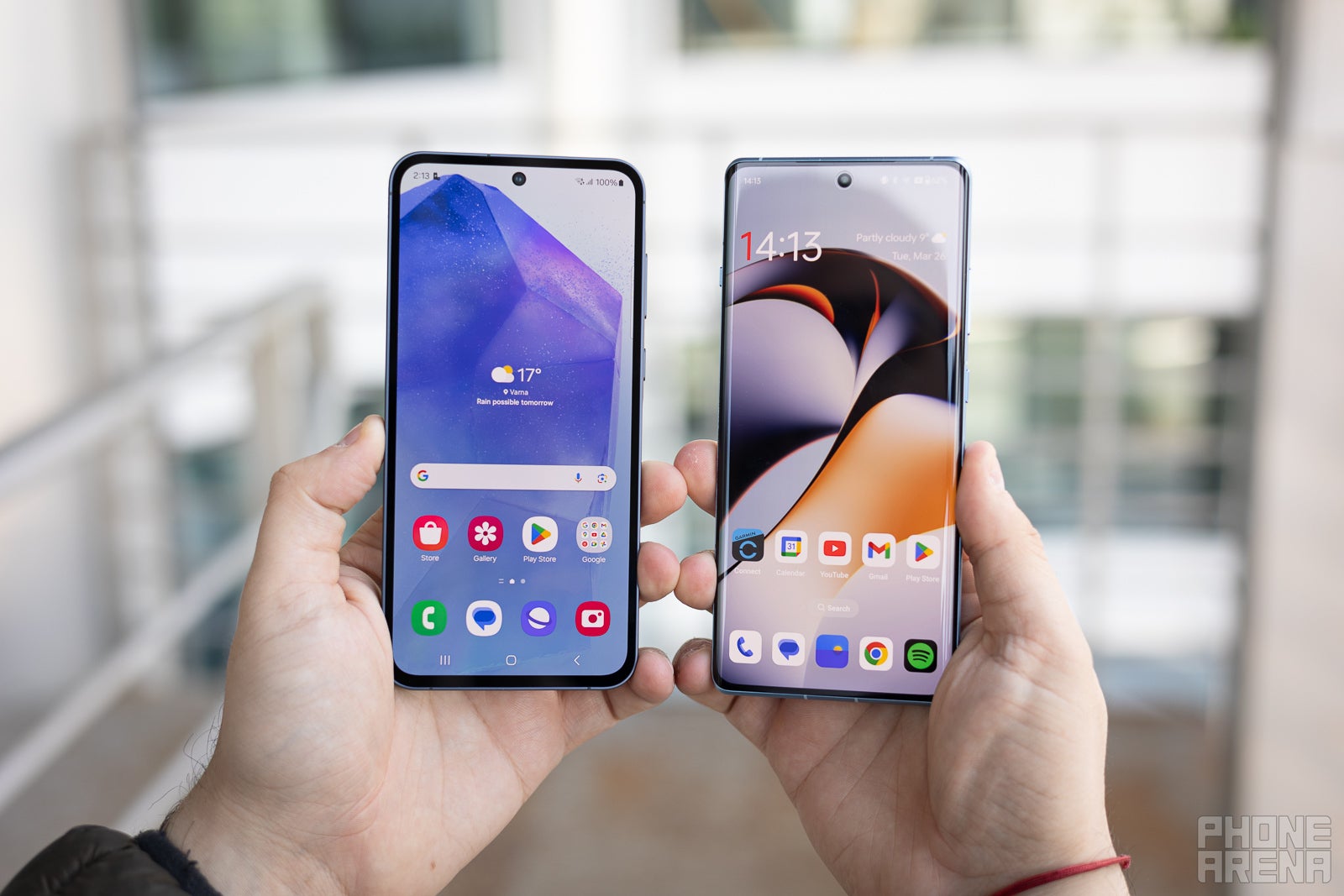 Galaxy A55 5G vs OnePlus 12R display comparison. (Images by PhoneArena) - Galaxy A55 5G vs OnePlus 12R: it doesn't even feel close